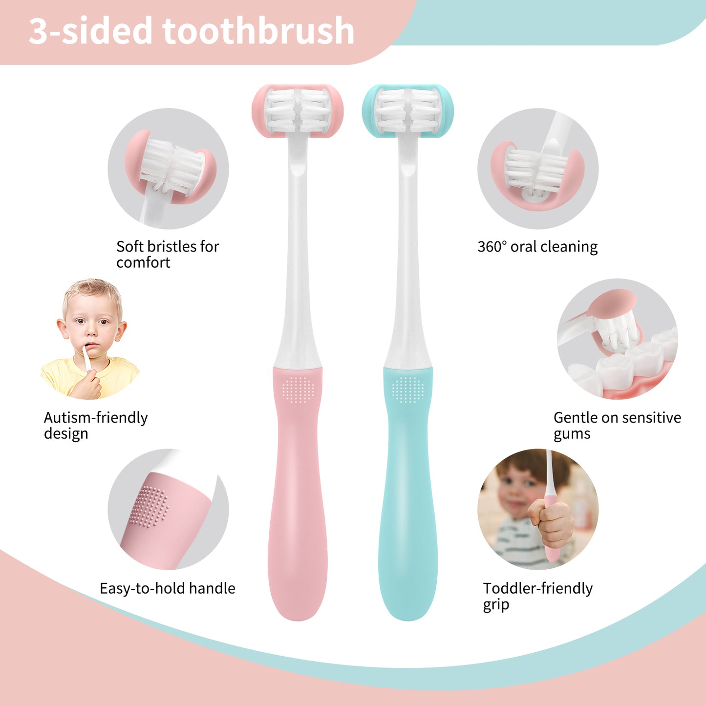 3 Sided Toddler Toothbrush, Soft Bristles Kids Toothbrush, 3 Sided Toothbrush Kids Silicone Elastic Brush Heads Gentle Clean Each Tooth(Model#C2)