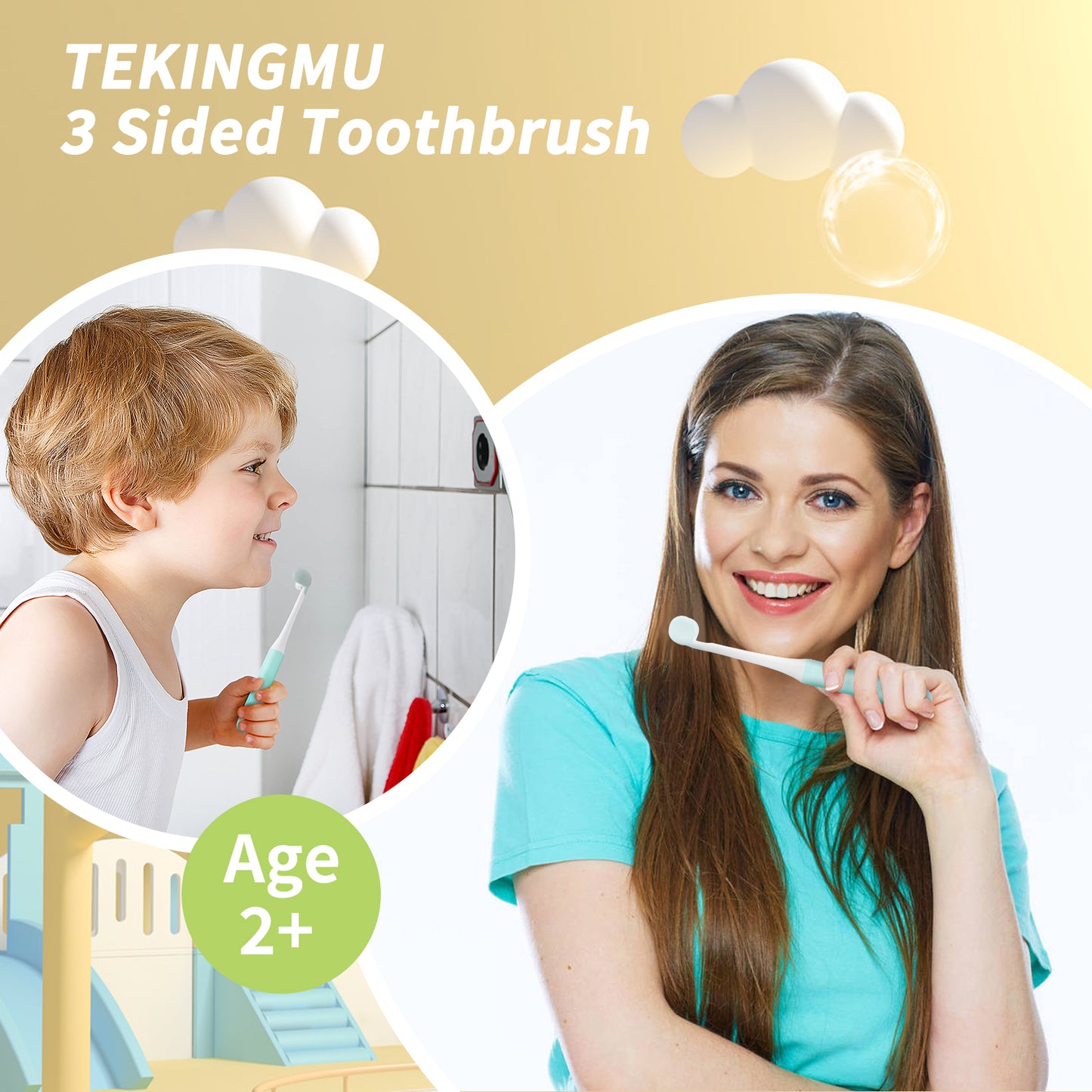 3 Sided Toddler Toothbrush, Soft Bristles Kids Toothbrush, Kids Silicone Elastic Brush Heads Gentle Clean Each Tooth