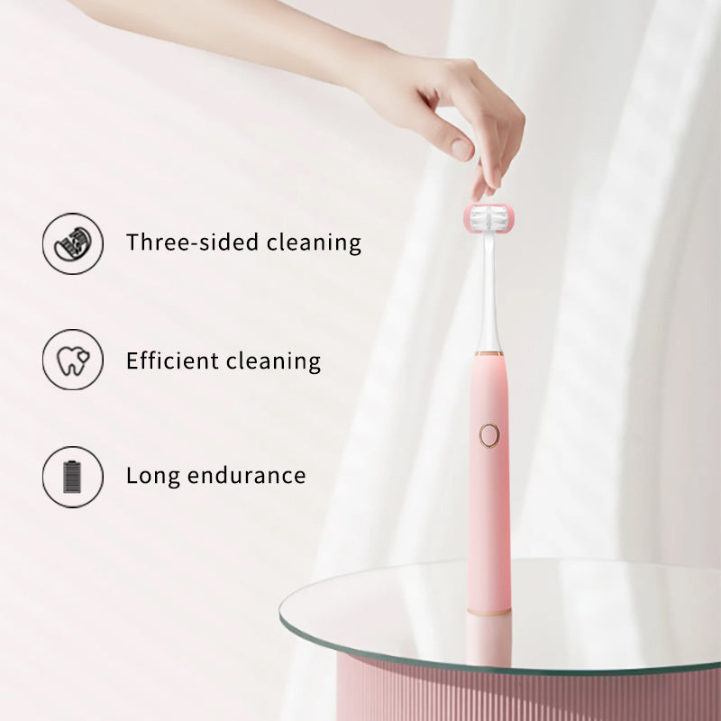 3 Sided Electric Toothbrush, One Charge for 100 Days, with 2 Brush Heads for Adults and Kids, Wireless Fast Charge, 5 Modes with 2 Minutes Built in Smart Timer